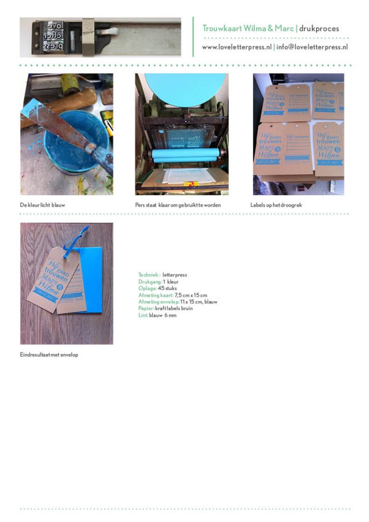 Proce letterpress trouwkaart als labels kraft papier blauw
